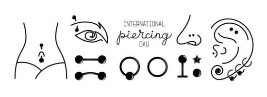 International body piercing day. Pierced ear cartilage. Body jewelry. Line art vector illustration.