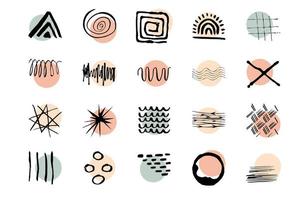 Set of various vector highlight covers. Abstract backgrounds. Various shapes, lines, spots, dots,  leaves, floral, doodle objects. Hand drawn templates. Round icons for social media stories.