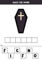 Spelling game for preschool kids. Cartoon black coffin. vector