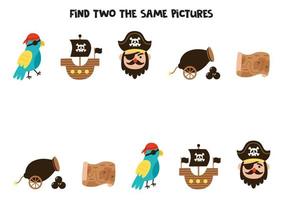 encuentra dos lindos elementos piratas idénticos. juego educativo para niños en edad preescolar. vector