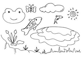 Set cute hand drawn doodles like frog, fish, butterfly, cloud, water, grass, flower and sun vector