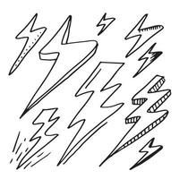 set of hand drawn vector doodle electric lightning bolt symbol sketch illustrations. thunder symbol doodle icon.