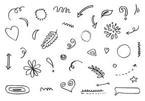 Hand drawn set elements, black on white background. Arrow, heart, love, star, leaf, sun, light, flower, crown, king, queen,Swishes, swoops, emphasis ,swirl, heart, for concept design. vector