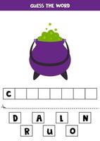 Spelling game for preschool kids. Cartoon Halloween cauldron. vector