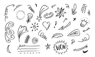 Hand drawn set elements, black on white background. Arrow, heart, love, star, leaf, sun, light, flower, crown, king, queen,Swishes, swoops, emphasis ,swirl, heart, for concept design. vector