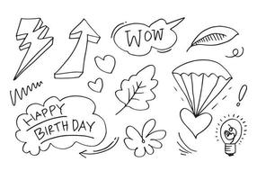 Hand drawn set elements, black on white background. Arrows, hearts, love, thunder, leaves, flowers, bulb, happy birthday and wow text, for concept design. vector