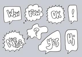 Hand drawn set of speech bubbles with handwritten short phrases  wow,pow,ok,nice,yes,hi on gray background. vector