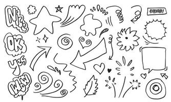 Hand drawn set elements, black on white background. Arrow, heart, love, star, leaf, sun, light, flower, Swishes, swoops, emphasis ,swirl, heart, for concept design. vector