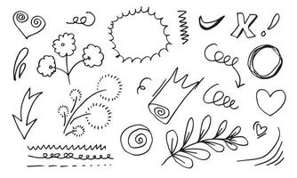 hand drawn set element,black on white background.circle,leaf,flower,arrow,exlamation,check mark,heart,light,king,emphasis,swirl,for concept design. vector