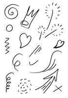 hand drawn set element,black on white background.arrow,heart,light,king,emphasis,swirl,for concept design. vector