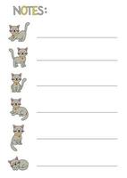 Vector worksheet with notes with cute gray cat.