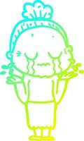 cold gradient line drawing cartoon crying old lady vector