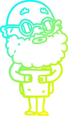 cold gradient line drawing cartoon curious man with beard and glasses