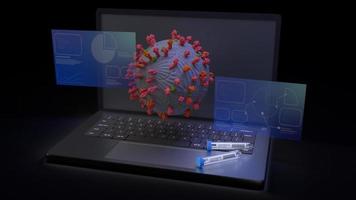 virus corona y tubo científico en la representación 3d del portátil para contenido médico. foto