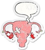 cartoon beat up uterus and boxing gloves and speech bubble distressed sticker vector