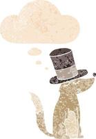 cartoon wolf whistling wearing top hat and thought bubble in retro textured style vector