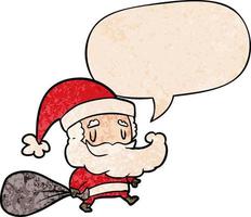 dibujos animados de santa claus llevando saco de regalos y burbujas de habla en estilo de textura retro vector