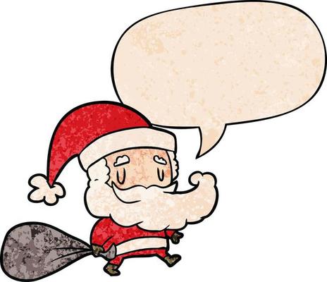cartoon santa claus carrying sack of presents and speech bubble in retro texture style