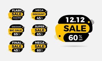 Flash sale, super sale, bigs sale, flash sale, mega sale, final sale and 12.12 sale banners design. black and yellow sale tags stickers vector