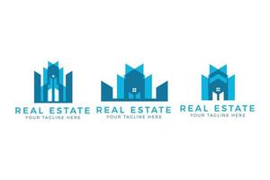 bienes raíces modernos, diseño de edificio azul, plantilla de logotipo de casa de estilo vector