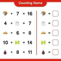 Count and match, count the number of Hockey Helmet, Running Shoes, Bowling Pin, Dumbbell Punching Bag and match with the right numbers. Educational children game, printable worksheet vector