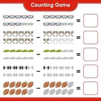 Count and match, count the number of Badminton Rackets, Dumbbell, Rugby Ball, Goggle, Soccer Shoes and match with the right numbers. Educational children game, printable worksheet, vector illustration