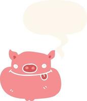 cartoon happy pig face and speech bubble in retro style vector