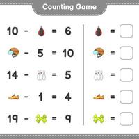 Count and match, count the number of Hockey Helmet, Running Shoes, Bowling Pin, Dumbbell Punching Bag and match with the right numbers. Educational children game, printable worksheet vector