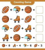 Count and match, count the number of Hockey Helmet, Roller Skate, Basketball, Soccer Ball and match with the right numbers. Educational children game, printable worksheet, vector illustration