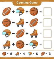 Count and match, count the number of Hockey Helmet, Roller Skate, Basketball, Soccer Ball and match with the right numbers. Educational children game, printable worksheet, vector illustration