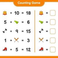 Count and match, count the number of Ice Skates, Whistle, Dumbbell, Baseball Bat, Trophy and match with the right numbers. Educational children game, printable worksheet, vector illustration