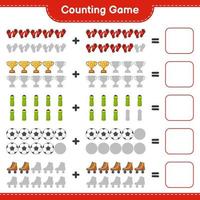 Count and match, count the number of Water Bottle, Trophy, Soccer Ball, Goalkeeper Gloves, Roller Skate and match with the right numbers. Educational children game, printable worksheet vector