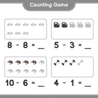 Count and match, count the number of Dumbbell, Racing Flags, Bicycle Helmet and match with the right numbers. Educational children game, printable worksheet, vector illustration