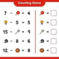 Count and match, count the number of Ping Pong Racket, Basketball, Trophy, Football Helmet, Tennis Racket and match with the right numbers. Educational children game, printable worksheet vector