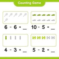 Count and match, count the number of Water Bottle, Tennis Racket, Soccer Shoes, Dumbbell and match with the right numbers. Educational children game, printable worksheet, vector illustration