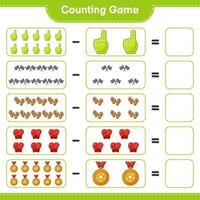 Count and match, count the number of Foam Finger, Trophy, Racing Flags, Boxing Gloves, Golf Gloves and match with the right numbers. Educational children game, printable worksheet, vector illustration