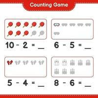 Count and match, count the number of Bowling Pin, Goggle, Ping Pong Racket, Goalkeeper Gloves and match with the right numbers. Educational children game, printable worksheet, vector illustration