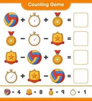 Count and match, count the number of Stopwatch, Trophy, Volleyball and match with the right numbers. Educational children game, printable worksheet, vector illustration