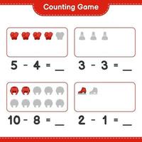 Count and match, count the number of Boxing Gloves, Shuttlecock, Boxing Helmet, Ice Skates and match with the right numbers. Educational children game, printable worksheet, vector illustration