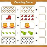 Count and match, count the number of Ice Skates, Whistle, Dumbbell, Baseball Bat, Trophy and match with the right numbers. Educational children game, printable worksheet, vector illustration