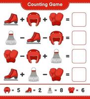 Count and match, count the number of Boxing Gloves, Shuttlecock, Boxing Helmet, Ice Skates and match with the right numbers. Educational children game, printable worksheet, vector illustration