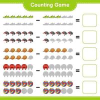 Count and match, count the number of Bicycle Helmet, Boxing Gloves, Cap Hat, Volleyball, Sneaker and match with the right numbers. Educational children game, printable worksheet, vector illustration