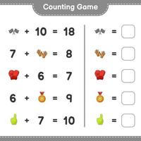 Count and match, count the number of Foam Finger, Trophy, Racing Flags, Boxing Gloves, Golf Gloves and match with the right numbers. Educational children game, printable worksheet, vector illustration