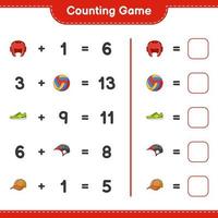 Count and match, count the number of Bicycle Helmet, Boxing Gloves, Cap Hat, Volleyball, Sneaker and match with the right numbers. Educational children game, printable worksheet, vector illustration