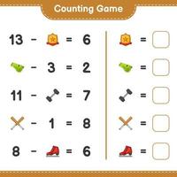 Count and match, count the number of Ice Skates, Whistle, Dumbbell, Baseball Bat, Trophy and match with the right numbers. Educational children game, printable worksheet, vector illustration