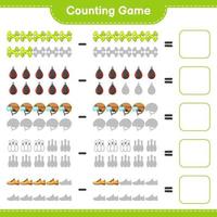 Count and match, count the number of Hockey Helmet, Running Shoes, Bowling Pin, Dumbbell Punching Bag and match with the right numbers. Educational children game, printable worksheet vector