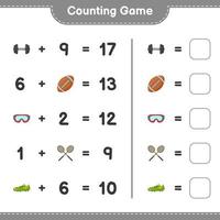 Count and match, count the number of Badminton Rackets, Dumbbell, Rugby Ball, Goggle, Soccer Shoes and match with the right numbers. Educational children game, printable worksheet, vector illustration