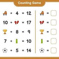 Count and match, count the number of Water Bottle, Trophy, Soccer Ball, Goalkeeper Gloves, Roller Skate and match with the right numbers. Educational children game, printable worksheet vector