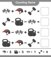 Count and match, count the number of Dumbbell, Racing Flags, Bicycle Helmet and match with the right numbers. Educational children game, printable worksheet, vector illustration