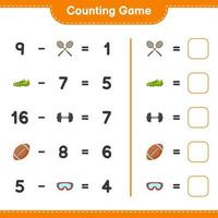 Count and match, count the number of Badminton Rackets, Dumbbell, Rugby Ball, Goggle, Soccer Shoes and match with the right numbers. Educational children game, printable worksheet, vector illustration